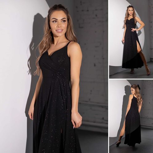 Sukienka długa dekolt zakładka błysk czerń