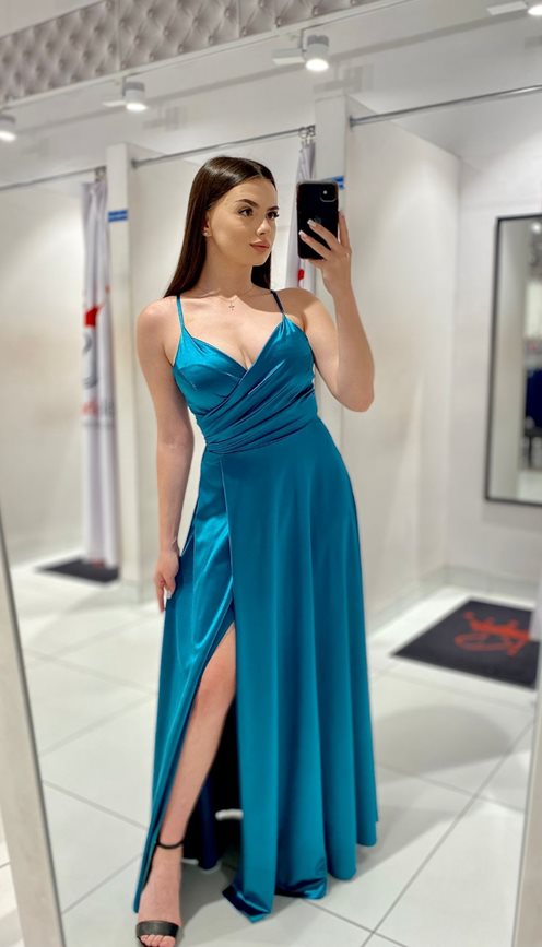 Sukienka długa satynowa rozkloszowana morska ziele