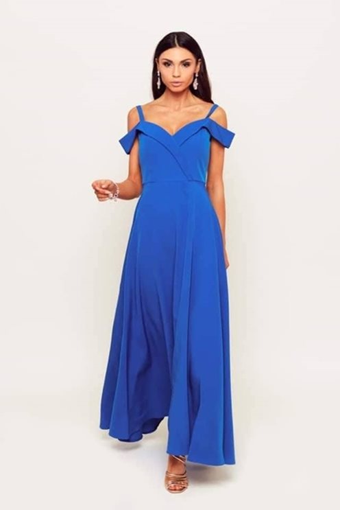 Długa sukienka opadające ramiona chaber