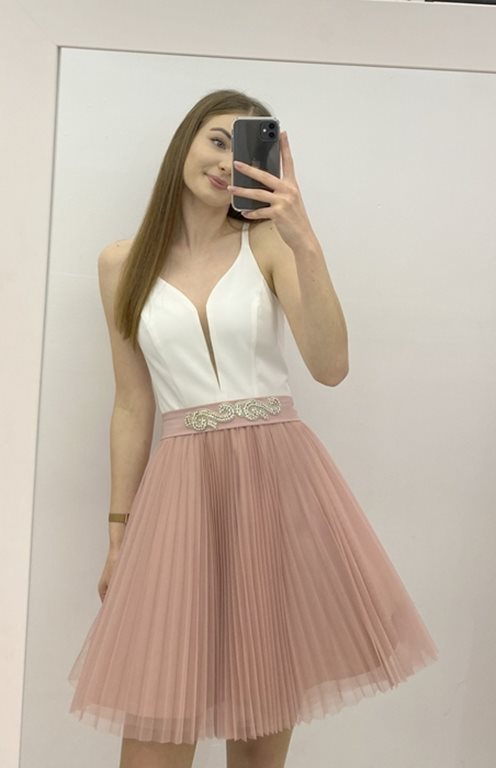 Sukienka krótka tiulowa plisowany dół biel/róż