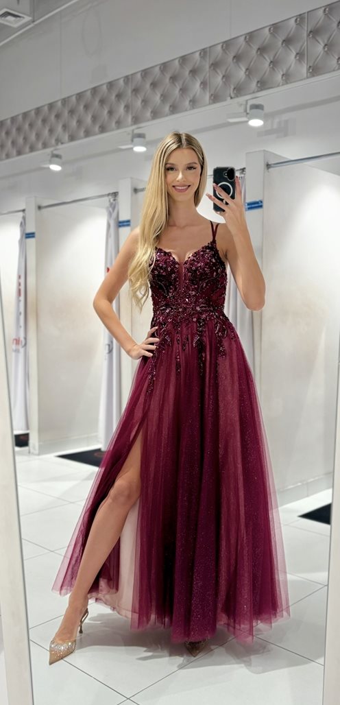 Sukienka długa tiul cekiny gorset burgund