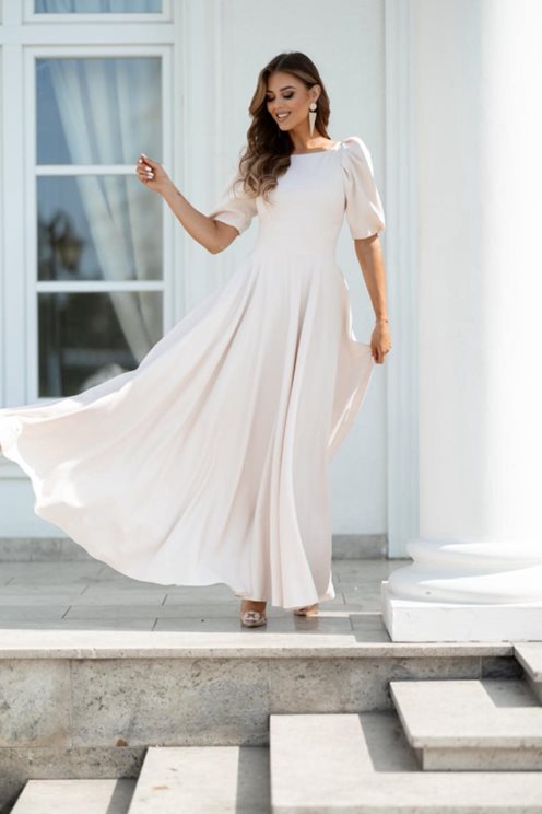 Sukienka długa bufiaste rękawki ecru