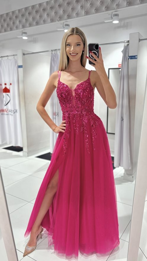 Sukienka długa tiul cekiny gorset fuksja