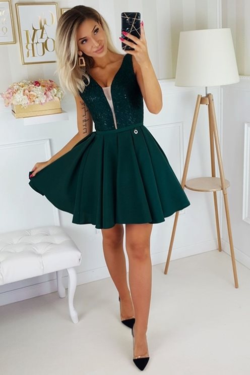 Krótka sukienka koronka góra wiązany tył zielona