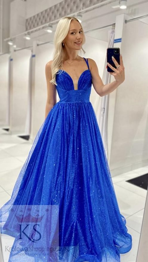 Sukienka długa rozłożysta mocno brokatowa chaber