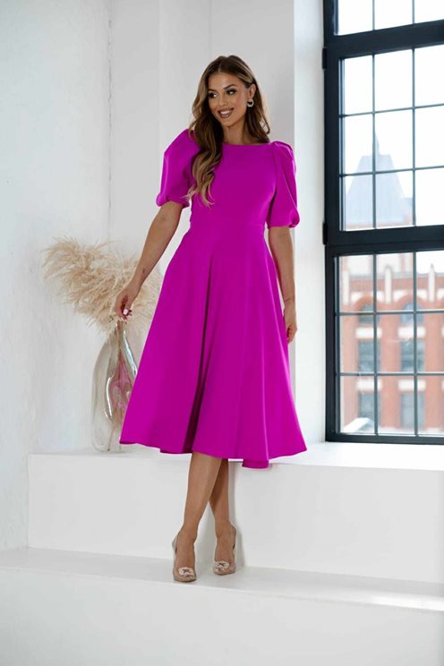 Sukienka midi bufiaste rękawki fuksja