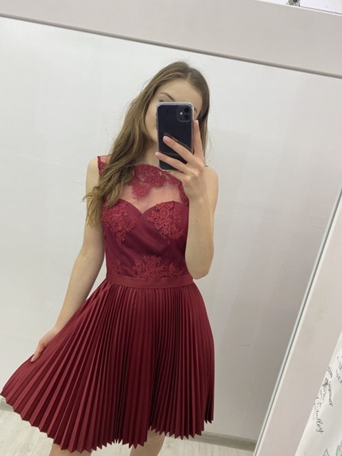 Sukienka koronka plisowana spódnica bordo