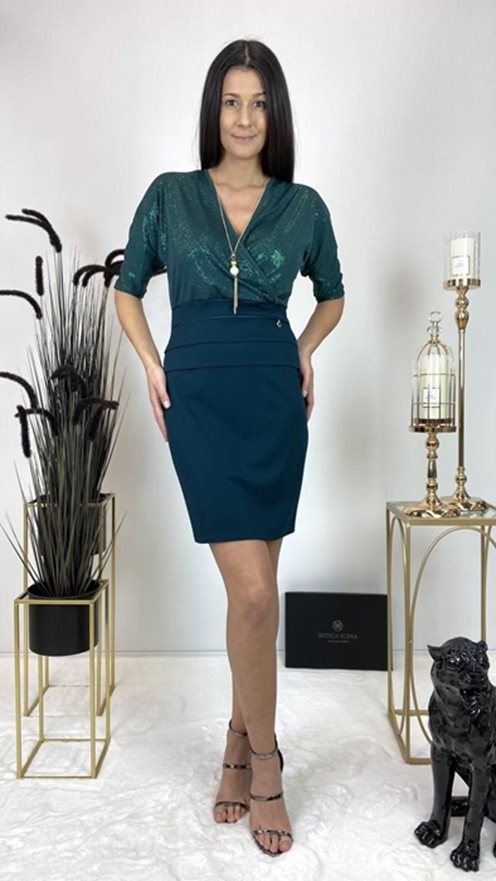 Sukienka krótka z brokatową górą i rękawem zieleń
