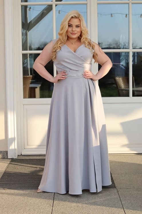 sukienka długa zakładka ozdobny pasek szary