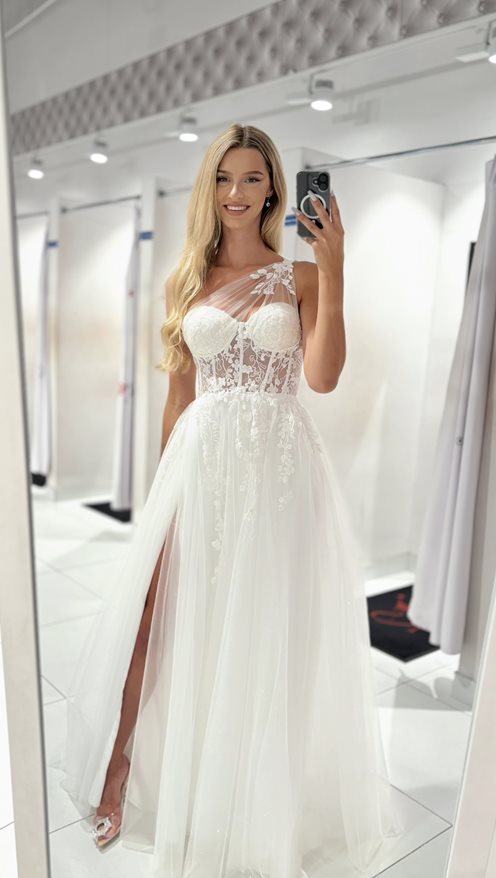 Sukienka długa tiul asymetria kwiaty brokat biel