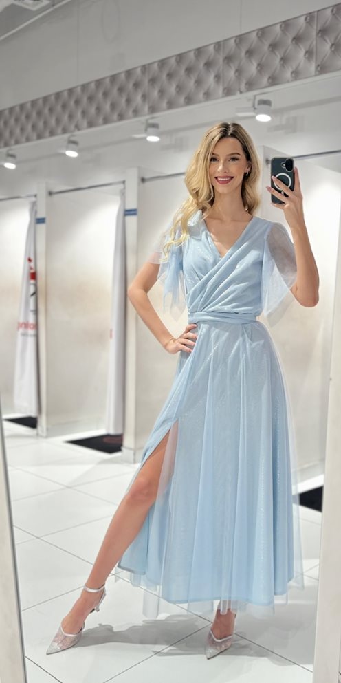 Sukienka długa rękawek tiul błysk róża błękit