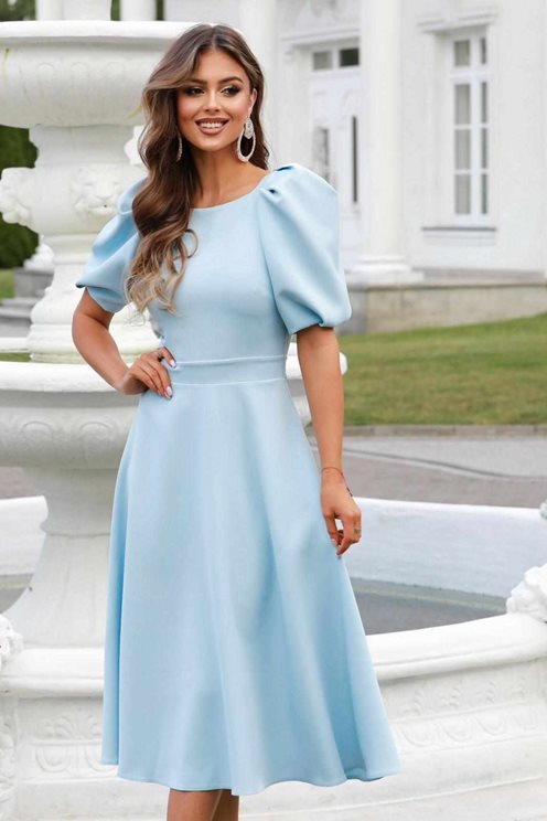 Sukienka midi bufiaste rękawki jasny błękit