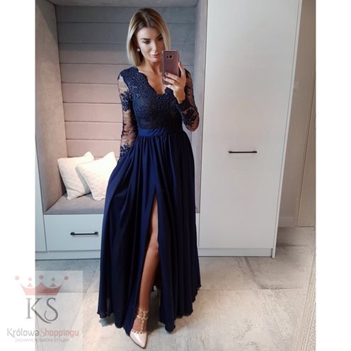 Długa sukienka z koronką granat