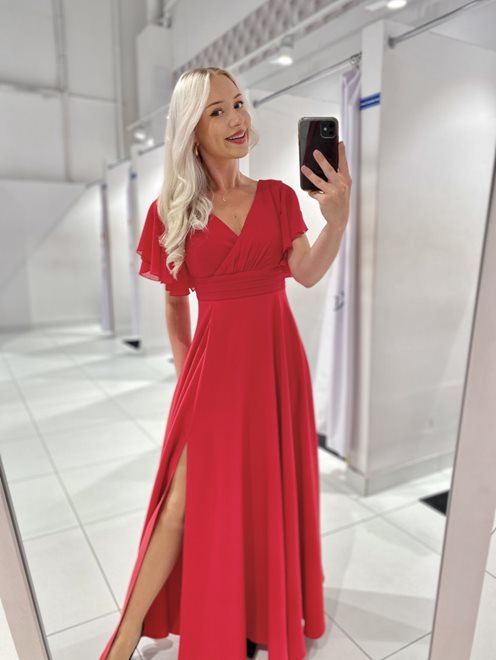 Sukienka długa z rękawkami i pasem malina