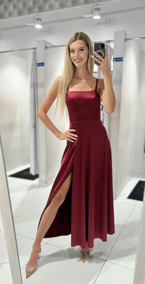 Sukienka długa satyna wiązane plecy bordo