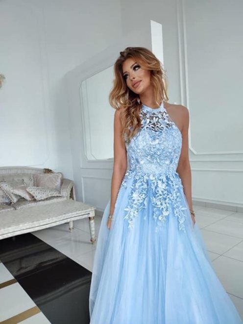 Długa sukienka princeska hafty wiązanie szyja błęk