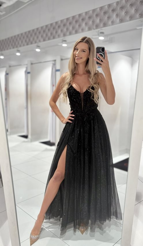 Sukienka długa gorset kwiaty haft brokat czerń