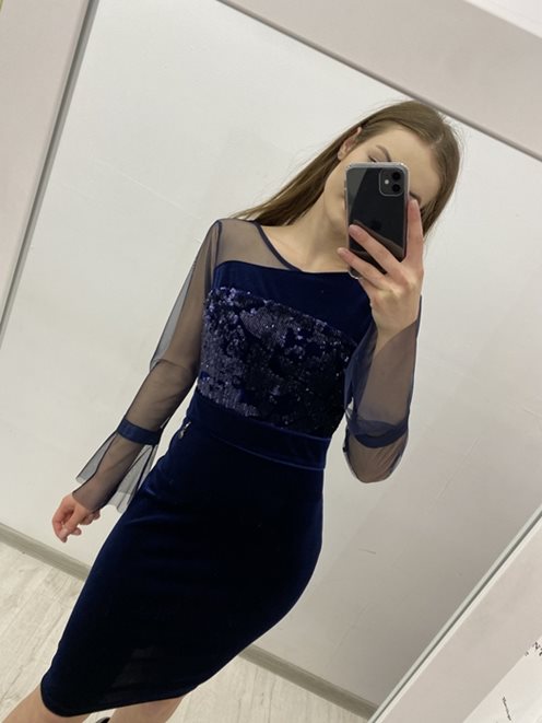 Sukienka z rękawkiem cekiny welur granat