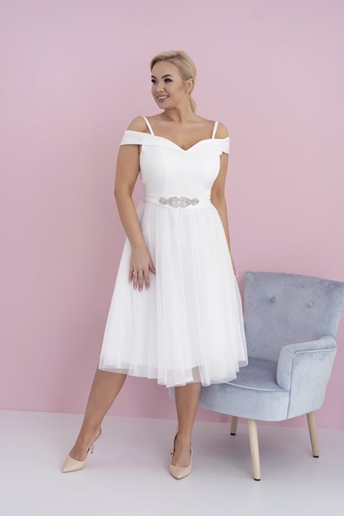 Sukienka midi hiszpanka z tiulem biała