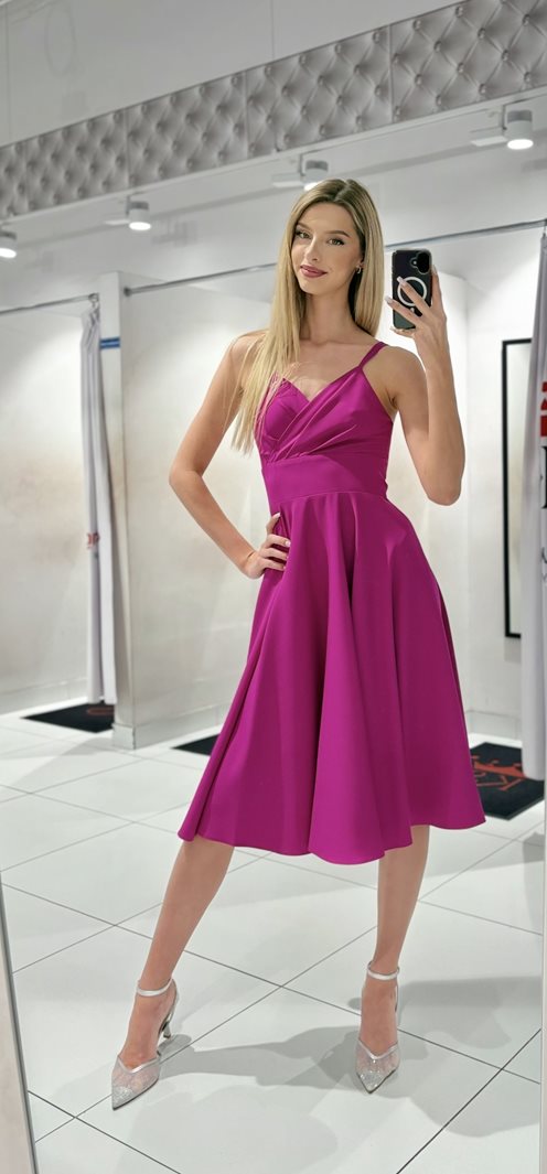 Sukienka midi ramiączka dekolt na zakładkę fiolet