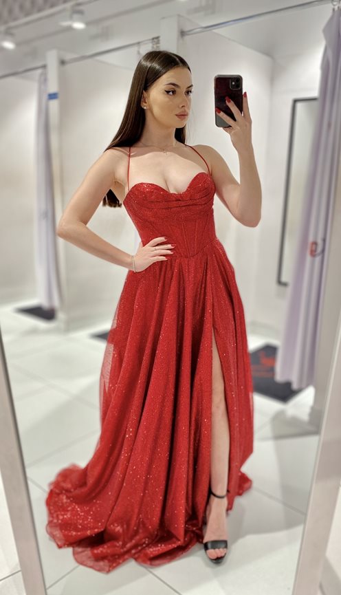 Sukienka długa gorset wiązane plecy brokat czerwie