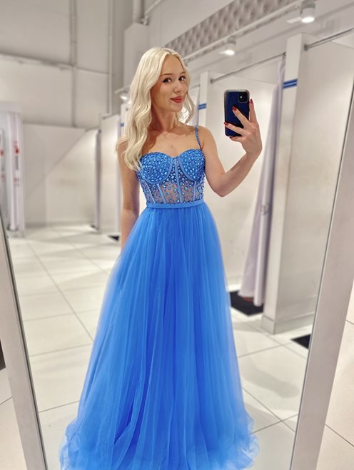 Sukienka długa tiulowa gorset kamyczki błękit