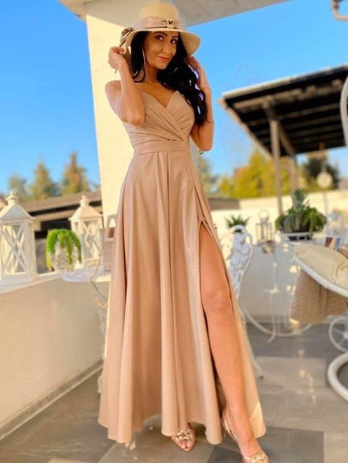 Długa sukienka na ramiączka brokat złota