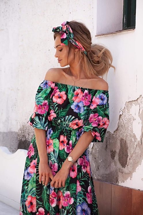 Sukienka długa hiszpanka wzór tropikalny zieleń