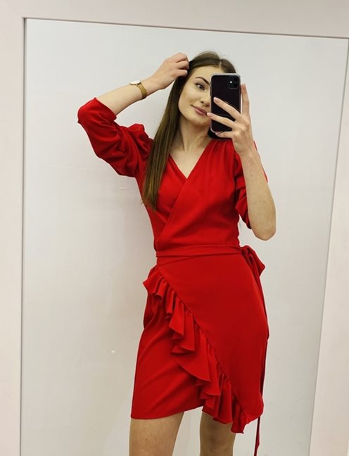 Sukienka krótka z wiązaniem i dekoltem V czerwień