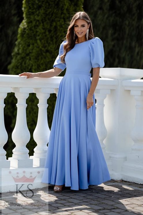 Sukienka długa bufiaste rękawki błękit