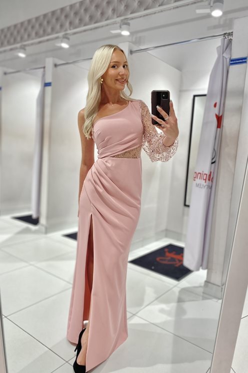 Długa sukienka na jedno ramię cekiny p.róż