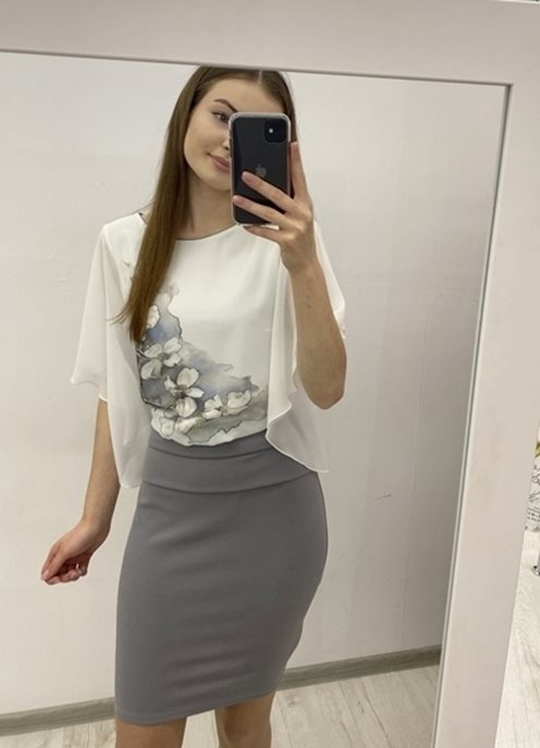 Krótka sukienka rękaw wysoki stan biel/szary