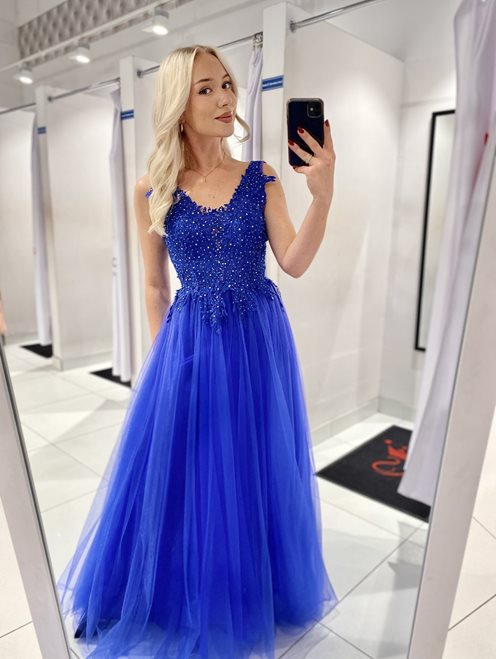 Sukienka długa tiulowa pióra granat