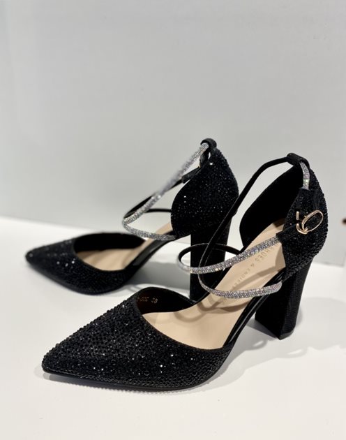 Czółenka całe cyrkoniowe pasek czerń