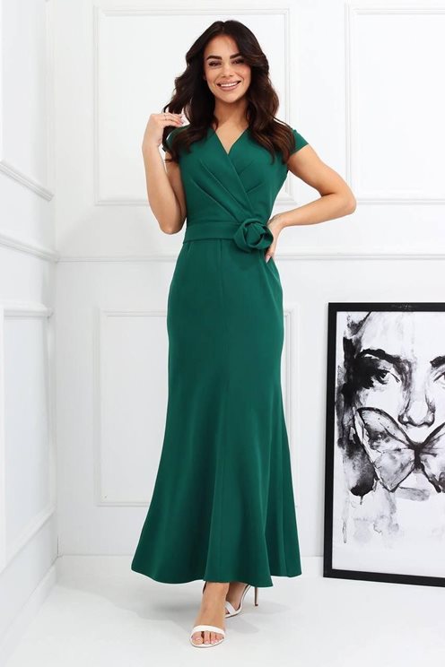 Sukienka długa klasyczna z rękawkiem pasek zieleń