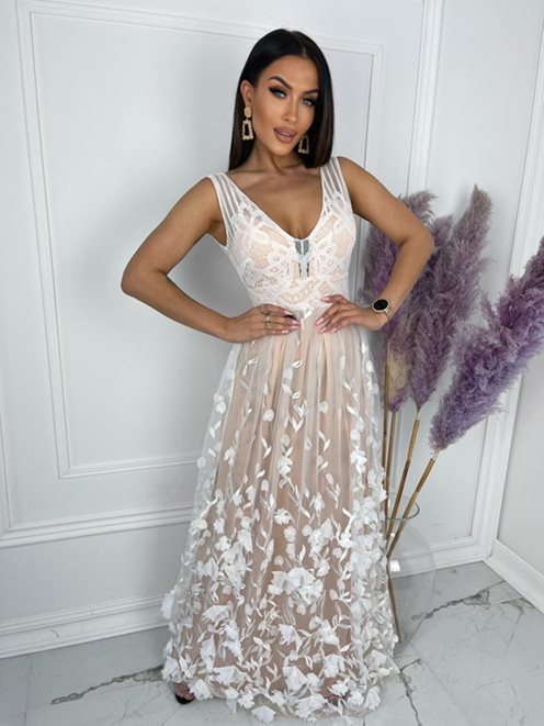 Sukienka tiul kwiaty biały/beż