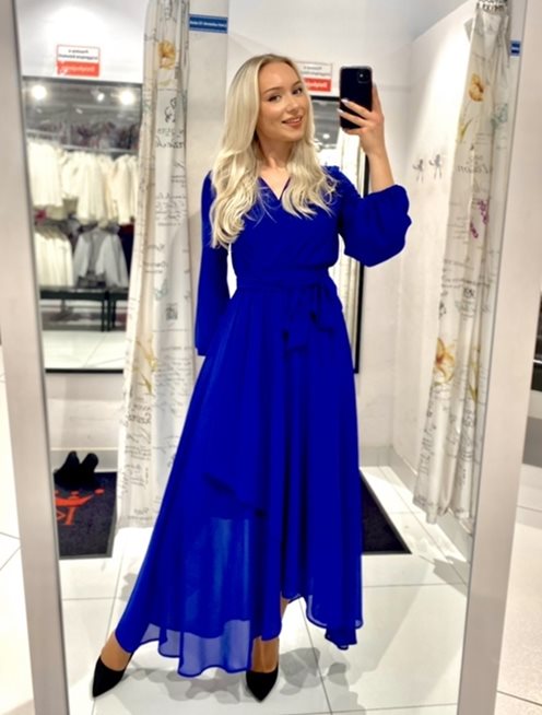 Sukienka długa zwiewna z gumką i rękawkiem chaber