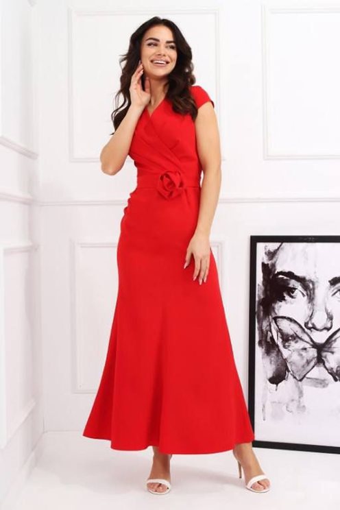 Sukienka długa klasyczna z rękawkiem pasek czerwon