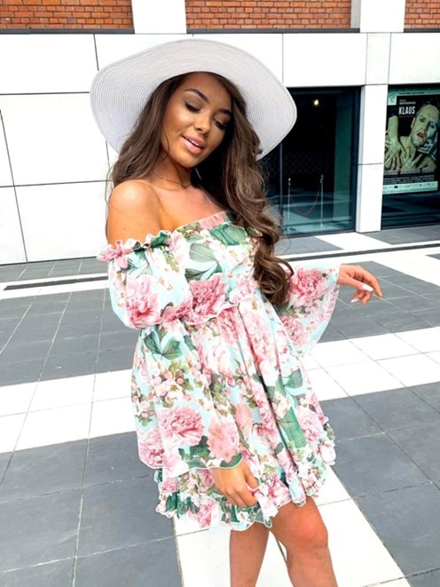 Sukienka hiszpanka z długim rękawem kwiaty mięta