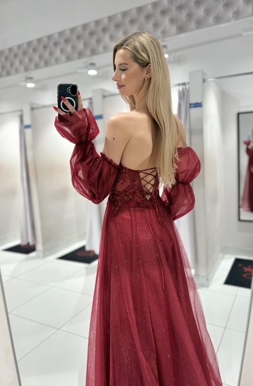 Sukienka długa tiulowa gorset zdobiony rękaw bordo