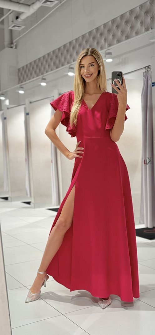 Sukienka długa klosz cekinowy rękawek malina