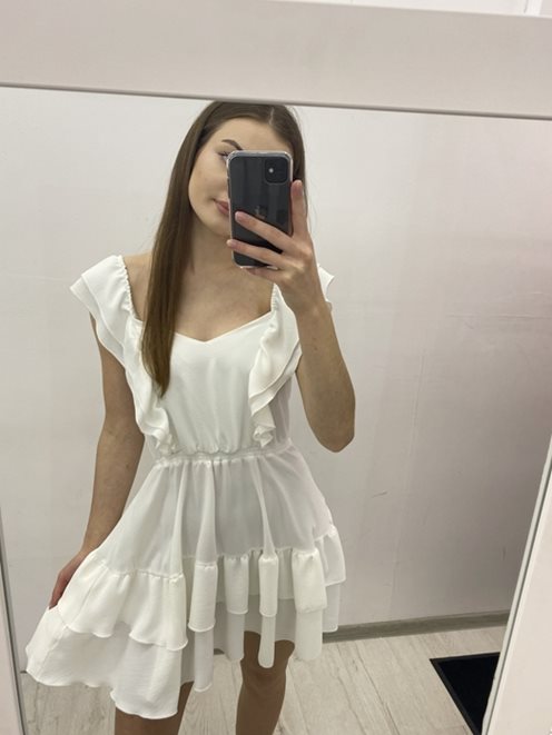 Sukienka krótka z 2 falbankami matowa biel