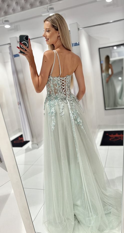 Sukienka długa tiul asymetria kwiaty brokat pistac