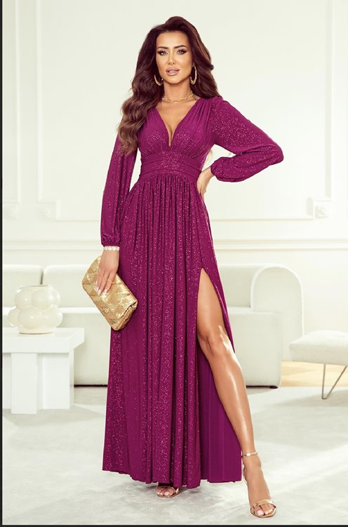 Sukienka długa brokat odcięcie długi rękaw śliwka