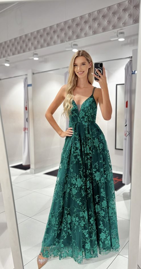 Sukienka długa z brokatem wiązanie plecy zieleń