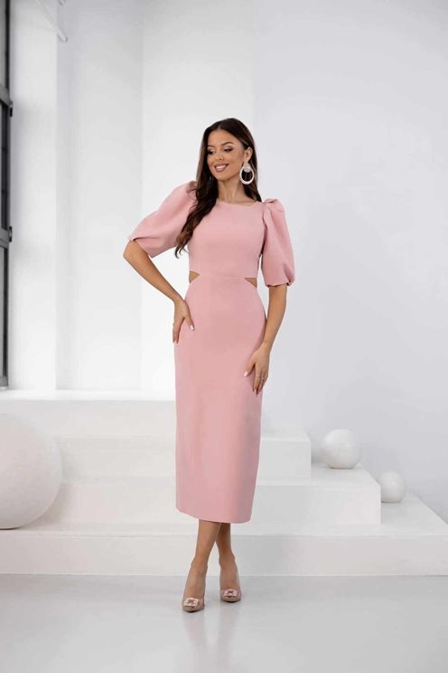 Sukienka midi bufiaste rękawy wycięcia p.róż