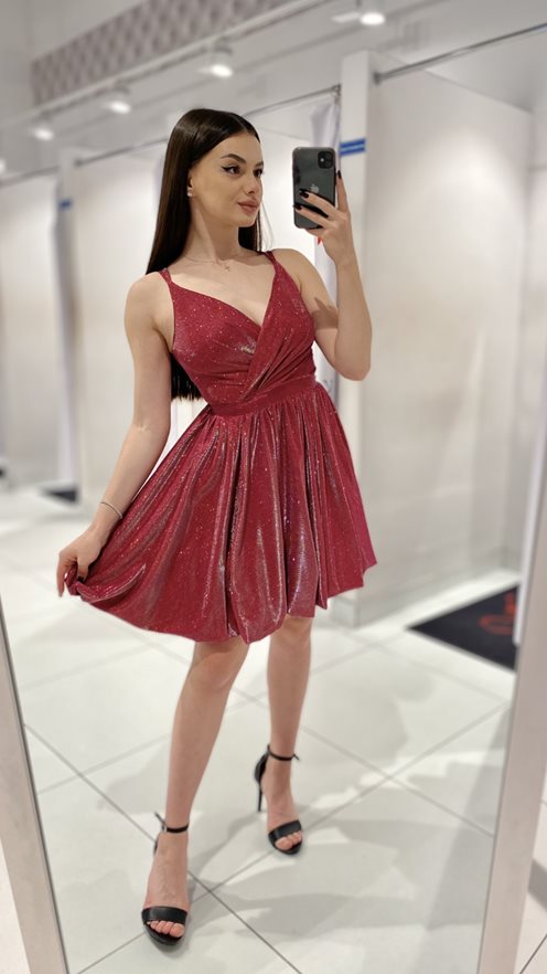 Sukienka krótka rozkloszowana brokatowa czerw holo