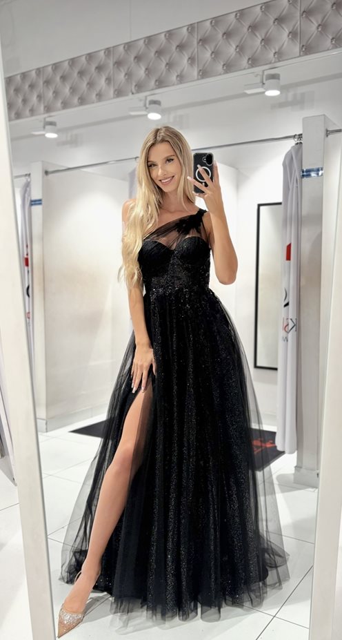 Sukienka długa tiul asymetria kwiaty brokat czarna