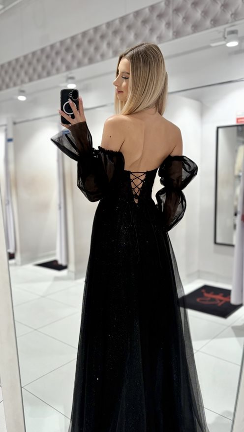 Sukienka długa tiulowa gorset zdobiony rękaw czerń