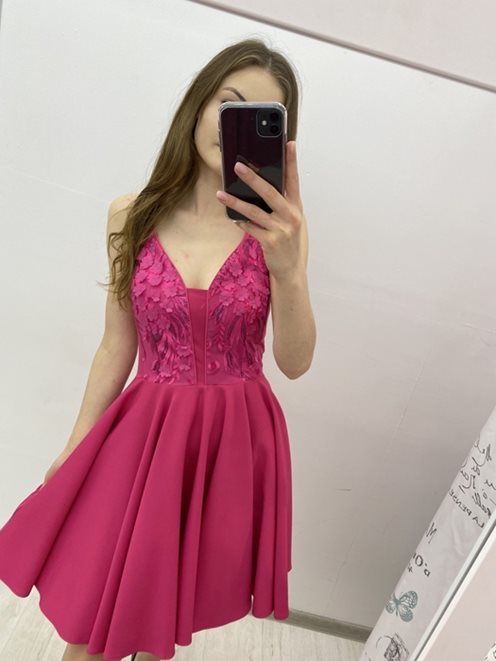 Sukienka krótka ramiączka kwiaty amarant L